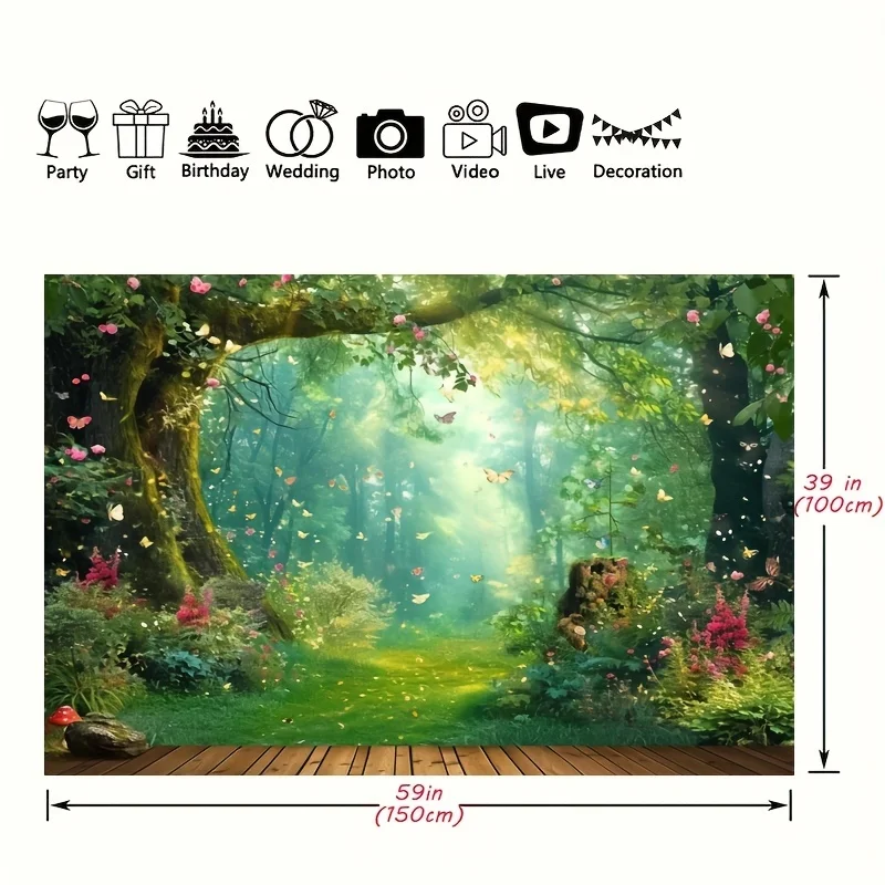 Fairy tale fairyland mushroom flower butterfly background, party decoration portrait banner, photo booth props