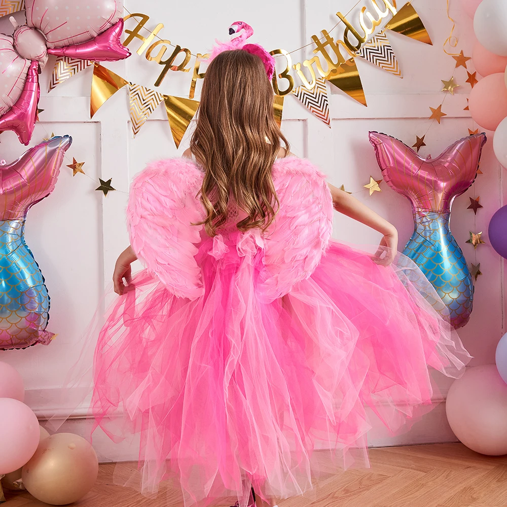 Graceful Flamingo Tutu Dress with Headband Wing Girls Long Bird Feather Fancy Costume Kids Birthday Party Princess Gown Dresses