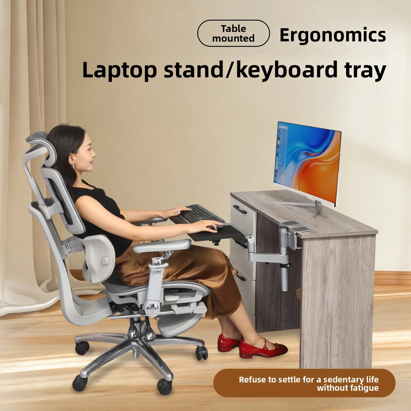 Adjustable Desk Mount Laptop Stand with Gas Spring Foldable Keyboard Tray Rotating Monitor Holder