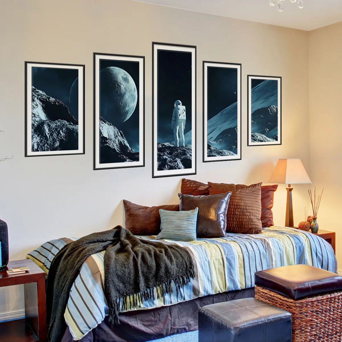 Astronaut Photo Frame Wall Decals- 5-Panel Space Themed Canvas Art for Living Room &