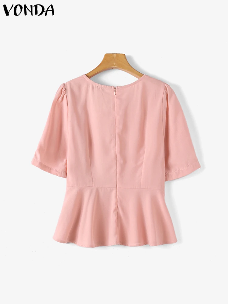 VONDA Fashion Square Collar Blouse Women Shirts Short Puff Sleeve Summer Tops 2024 Elegant Solid Casual Streetwear Belted Blusas