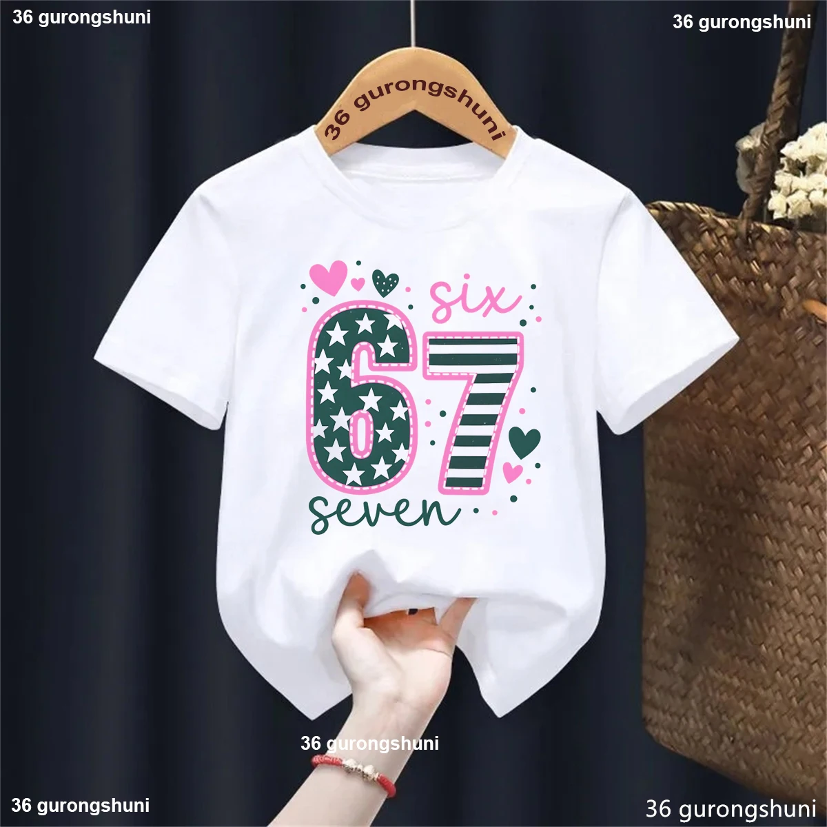 

Kawaii Kids Clothes 2025 Six Seven 67 Meme Pink Love Printed T Shirt Girls White/Black/Pink/Yellow/Blue/Grey T-Shirt
