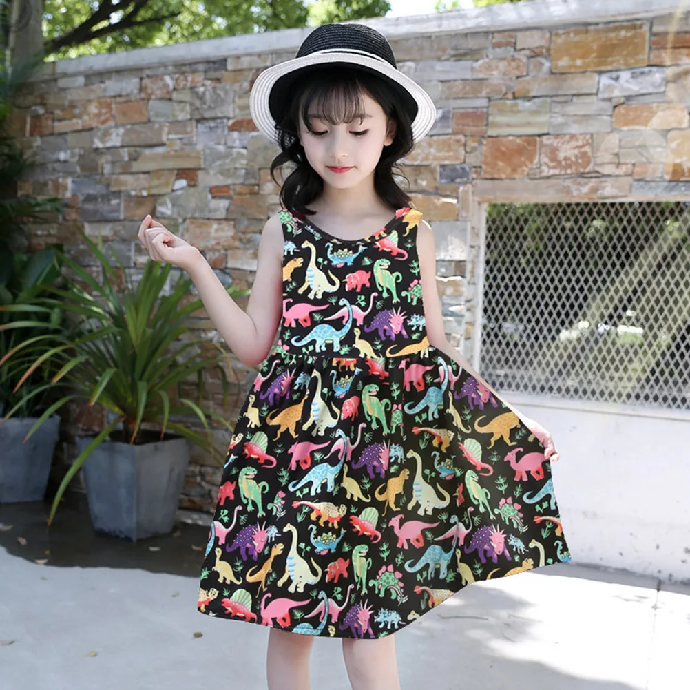 

Платье с принтом динозавров для девочек, милое летнее черное повседневное платье без рукавов, одежда для маленьких девочек