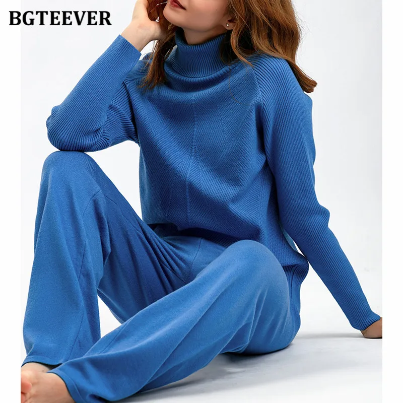 

BGTEEVER Casual Female Knitted 2 Pieces Trousers Set Women Turtleneck Sweaters & Straight Pants Winter Warm Knitwear Female