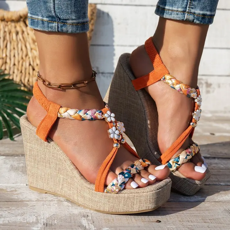 2025 New Elastic Band Thick-soled Wedge Heel Sandals women's High Heels with Hemp Rope Woven Soles Bohemian Vacation Beach Shoes