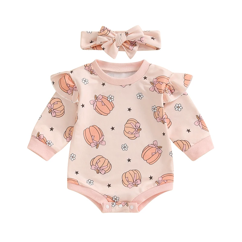 

Newborn Girl Outfit Long Sleeve Crew Neck Bow Pumpkin Print Romper with Hairband Halloween Clothes