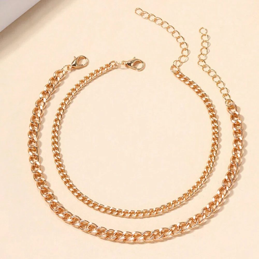 2 PCS Set Cuban Chain Anklet For Women Summer Shiny Gold Color Korean Chain Luxury Design Trendy Women Anklet Jewelry Set