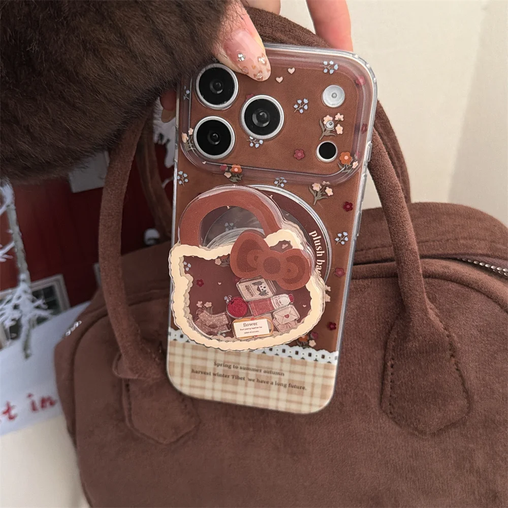 

New Cute Little Flower Kitty Cat Magnetic Shake Stand phone case for iPhone 17 16 Pro 14 15 Pro Max Fundas For Magsafe Holder Ca