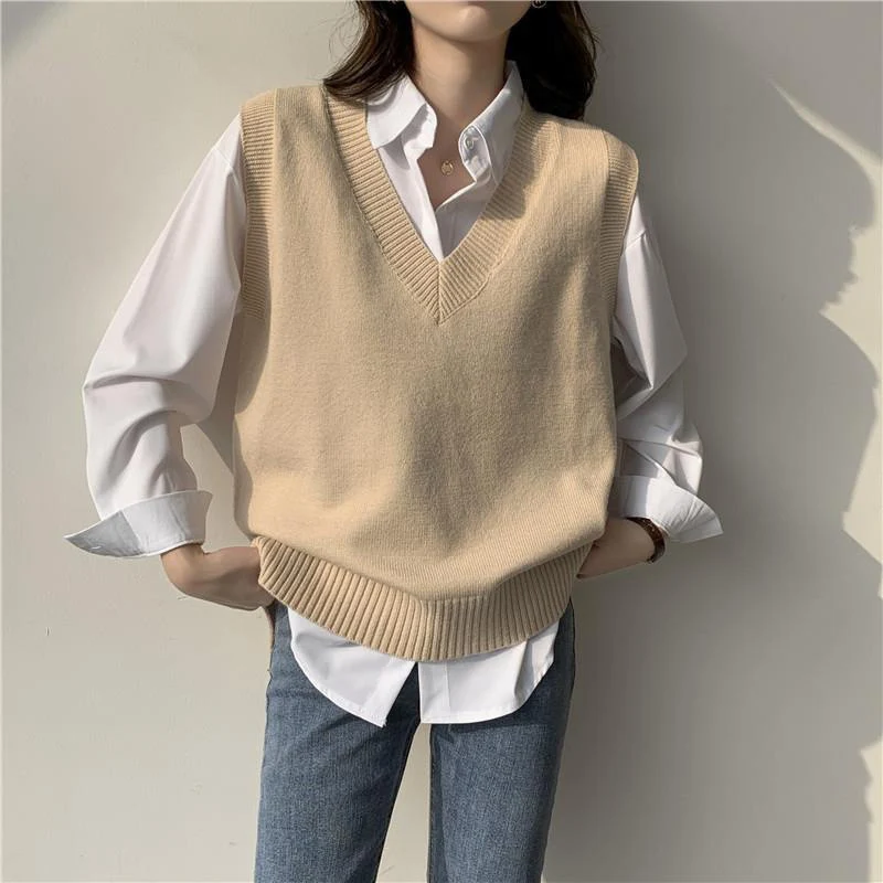 Basic Gray Sweater Vest Women College Style Korean Sleeveless Knitted Vest Spring Autumn Solid Color Casual V-Neck Waistcoat
