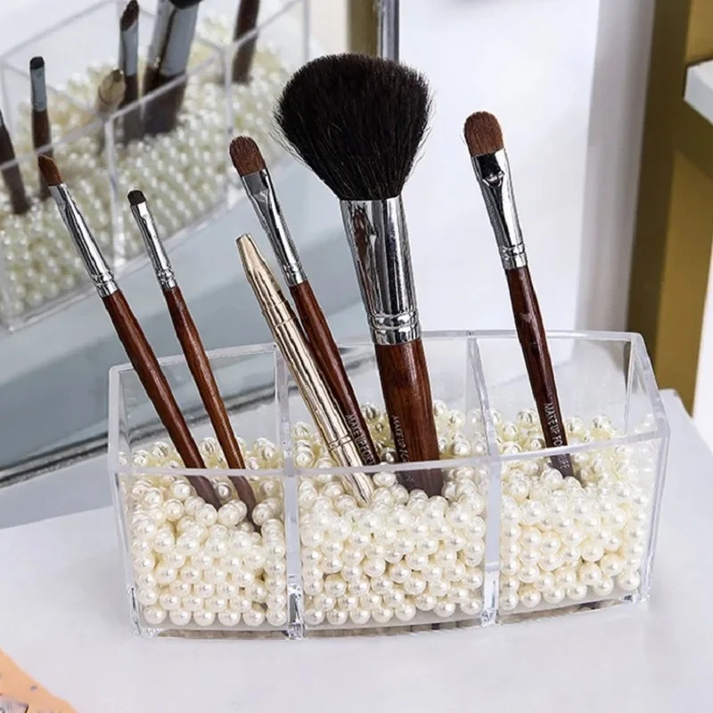 Organizador de pincéis de maquiagem, bandeja de armazenamento de maquiagem, organizador de maquiagem de gaveta de banheiro, organizador de pincéis de maquiagem acrílico com 3 espaços, 1 peça