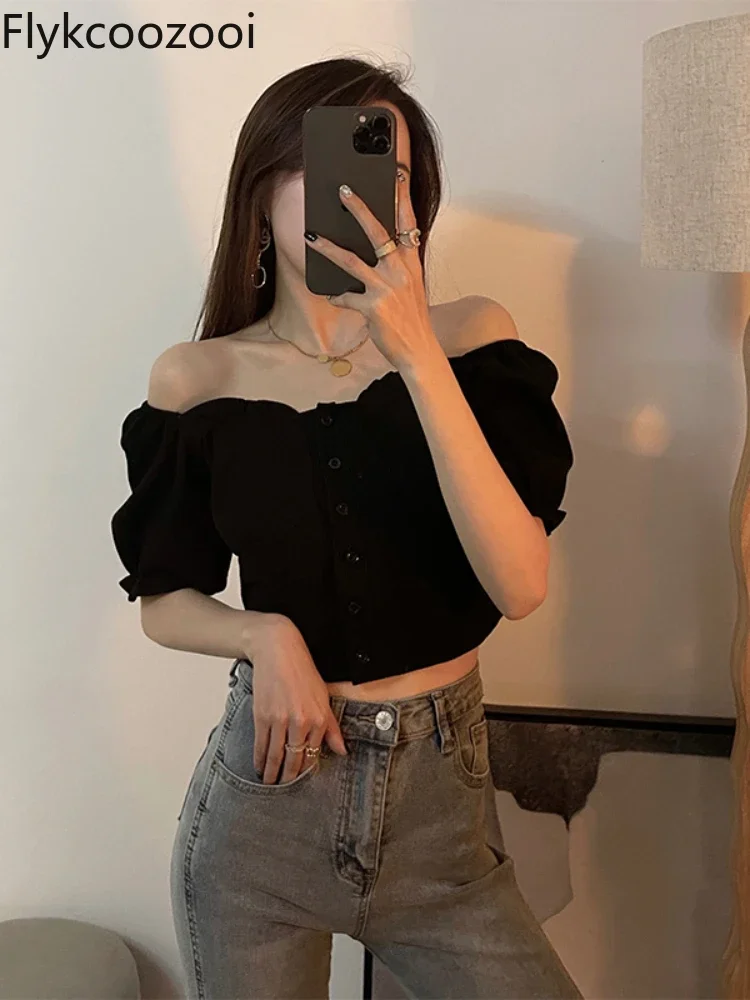 Black Puffed Sleeve Short Sleeve Off-shoulder T-shirt Women's Summer Line Neck Heart Collarbone Sexy Short Women Clothes