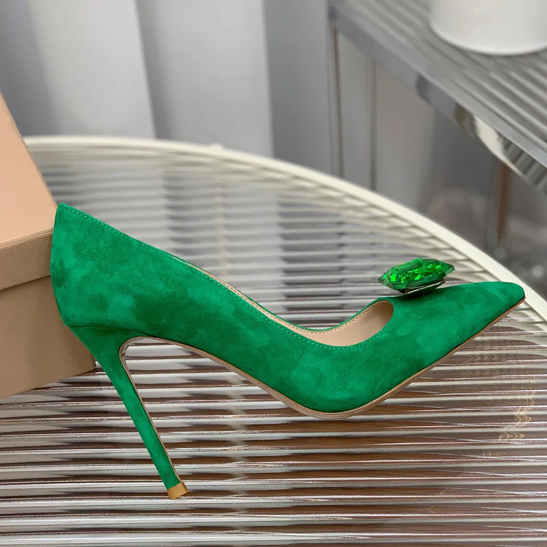 Donna-in High Heel Pumps 8.5cm 10.5cm Luxury Suede Leather Green Pointy Toe Elegant Dress Party Crystal Decorative Stilettos Red