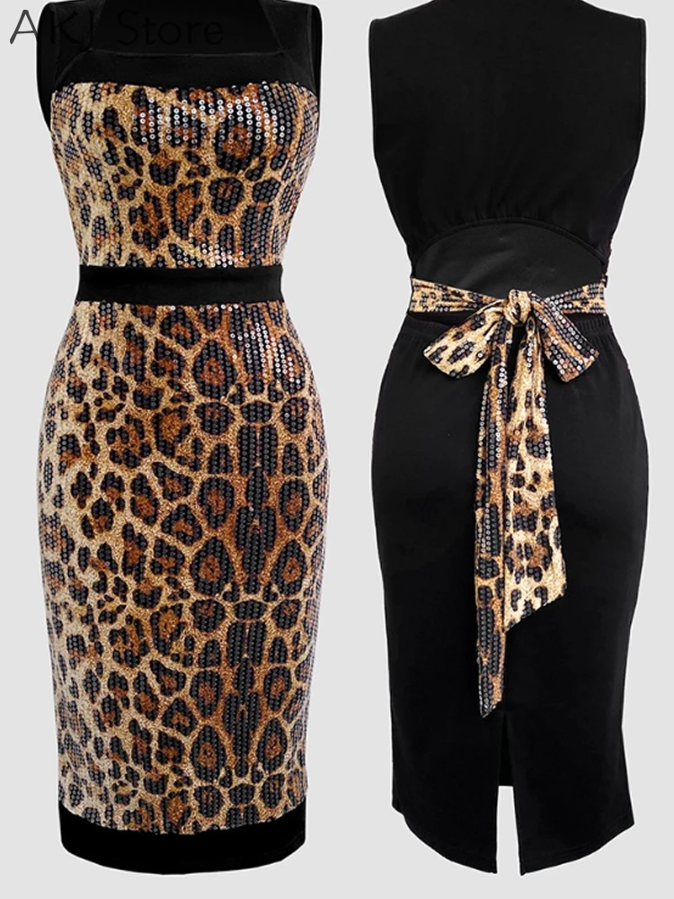 الترتر ليوبارد طباعة حزام سميك ربطة القوس فيونكة الظهر حزب اللباس انقطاع شق الظهر سليم صالح Bodycon اللباس