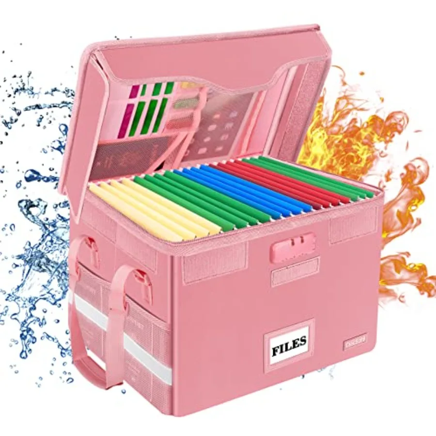 

Fireproof Document Box with LockFile Storage Organizer with Zipper Pockets Collapsible Portable File Box Home Office Safe Filin