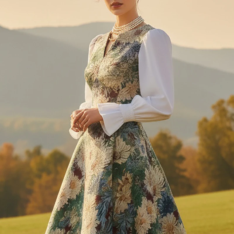 Robe longue à imprimé Floral pour femmes, tenue de soirée dans le jardin, coupe cintrée, élégante, col en v, manches lanternes, printemps, nouvelle collection 2026