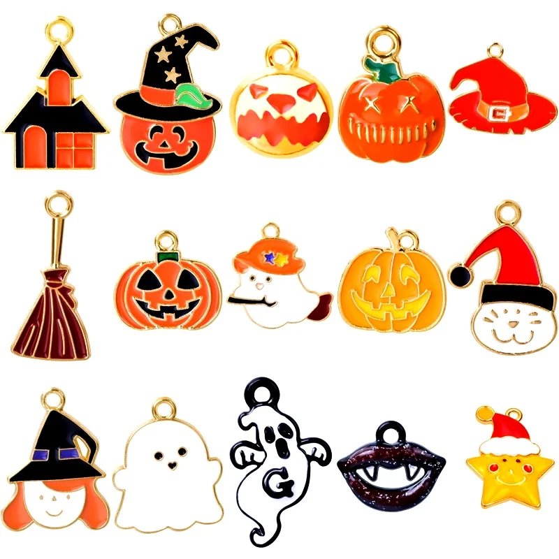 15pcs/Set Funny Enamel Halloween Pumpkin Specter  Bat Pendant For Jewelry Making Charm Bracelet For Diy Festival Jewelry Gifts