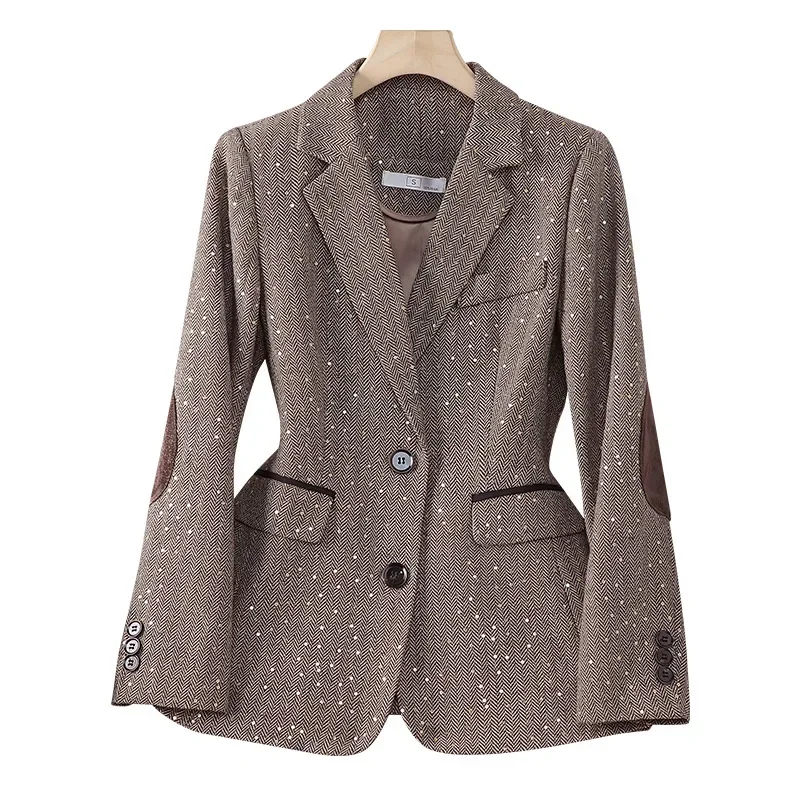 2024 Spring Retro Gray Splice Plaid Sequins Blazers Coat for Women Brown Elegant Business Vintage Ladies Suit Jacket Fashion Y2k