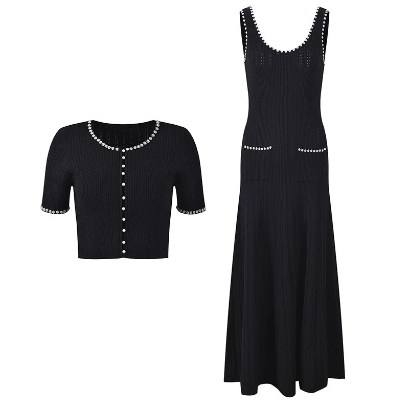 Women Black Cardigan Tank Dress Diamond Flower Pearl Trim Single-Breasted Short-Sleeve Top For Her Elegant Autumn Date Night