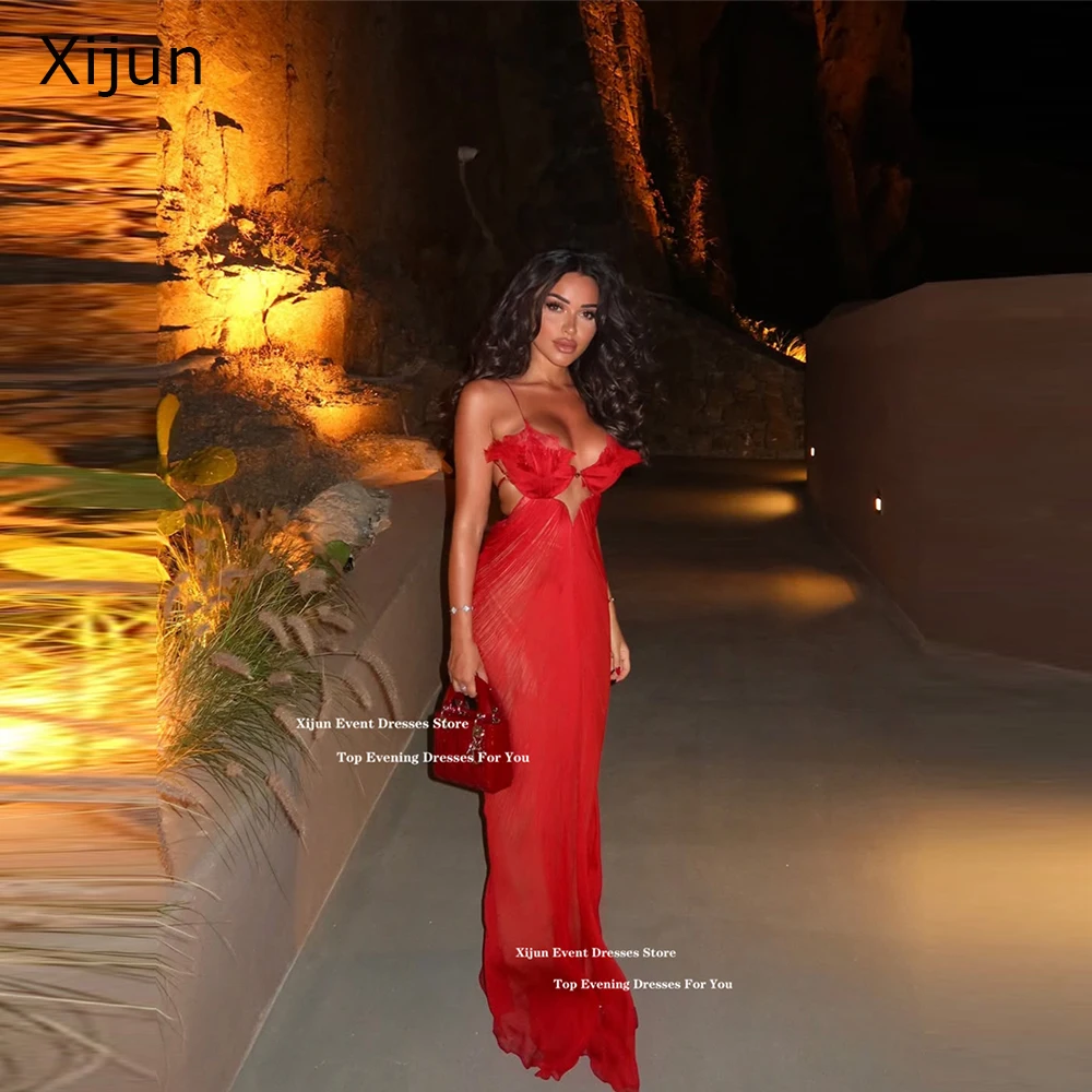 Xijun Sexy Red Chiffon Evening Dresses Spaghetti Strap Split Long Prom Dresses Backless Birthday Party Dresses 2025 Customized