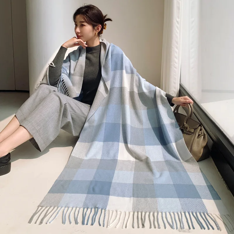 

2022 New Autumn And Winter Women's Wool Scarf Korean Style Thickened Warm Plaid Tassel Double-sided Cashmere Shawl