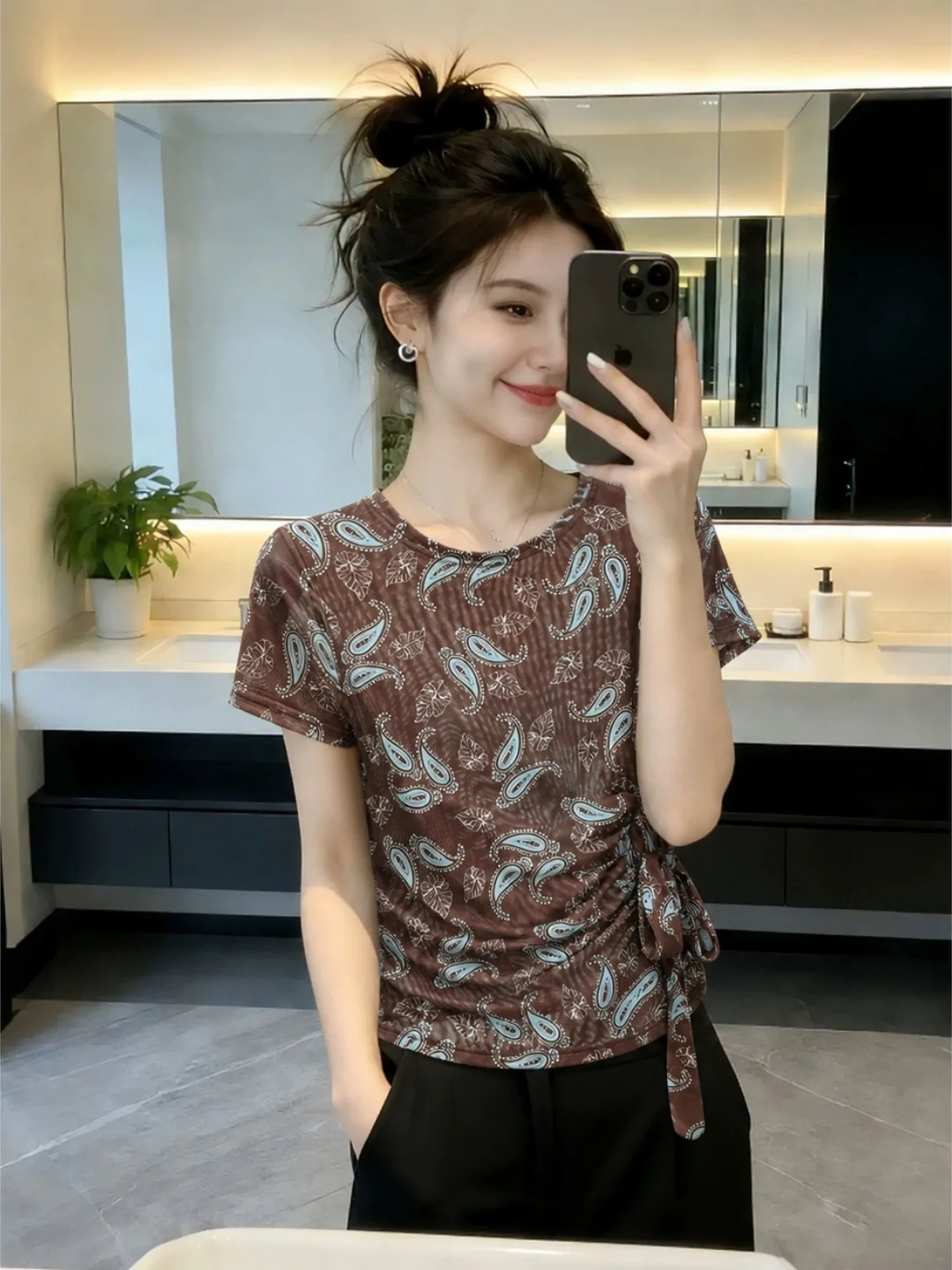 

Summer Tie Waist Printed Short Sleeve T-Shirt Women's Casual Versatile round Neck Top Floral Knot Design Ageless Fashion