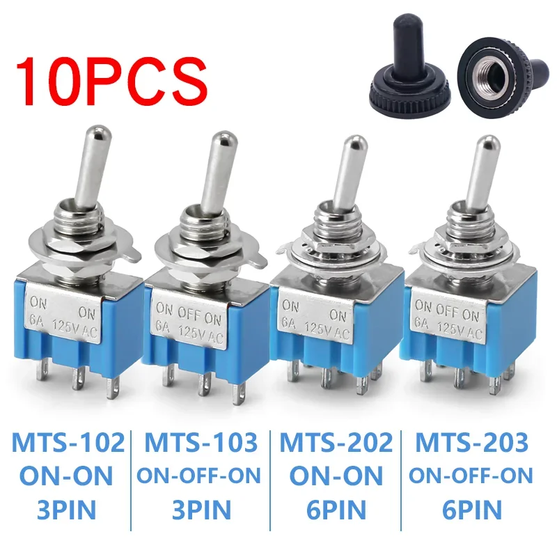 10pcs MTS-102 103 MTS-202 203 Toggle Switch 6A 125VAC on on SPDT 6mm Mini Switch DPDT on off on Waterproof Cap