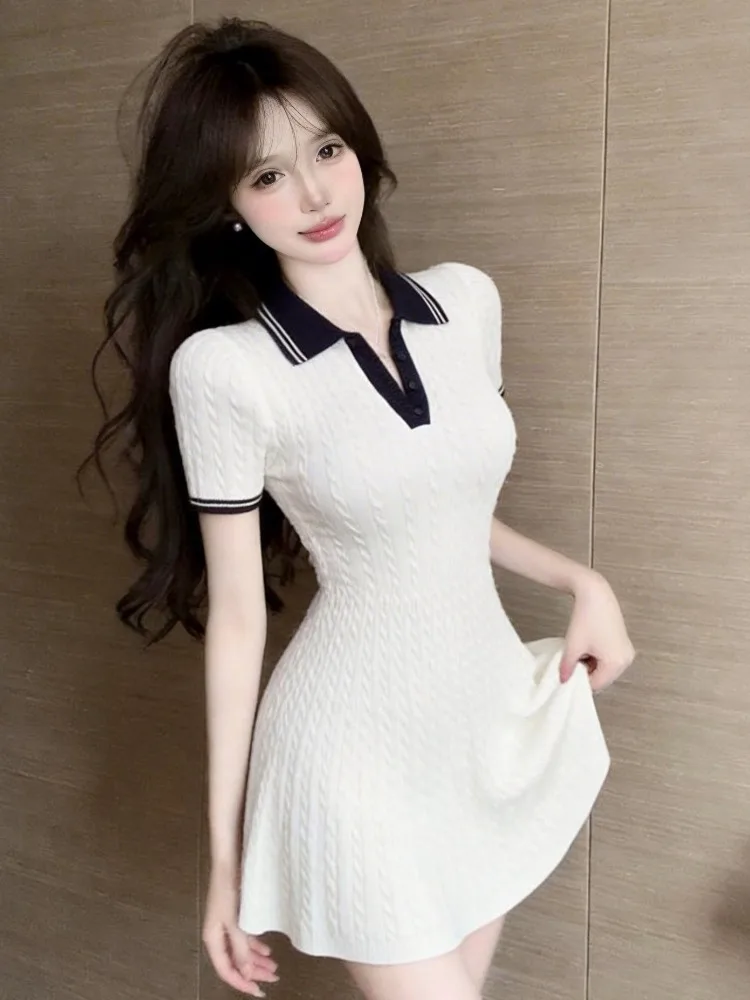 

Sweet Preppy Style Neck Knitted A-Line Dress Women's Slim Fit Summer New High Waist Short Skirt Casual Polyester Fiber