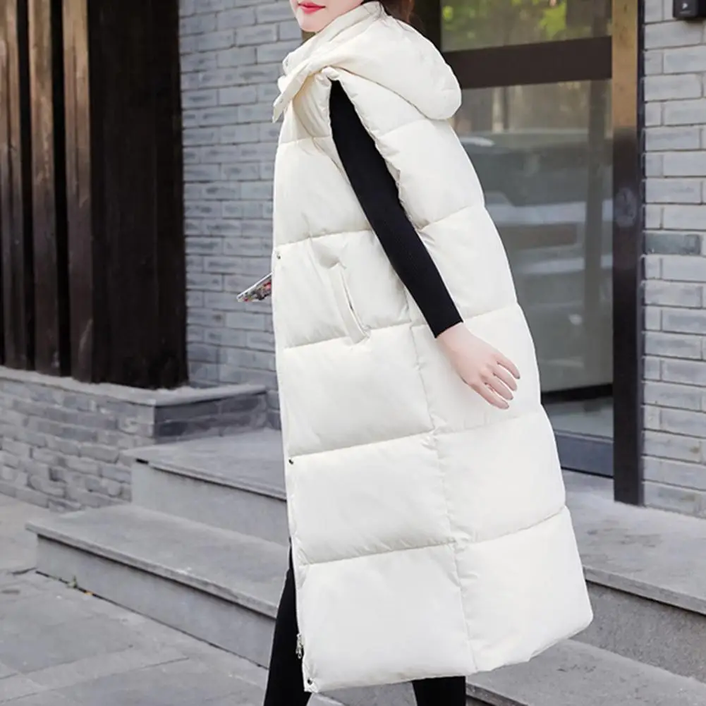 

Mid-length Zipper Vest Coat Women's Windproof Hooded Cotton Padded Vest Coat Long Down Waistcoat Outwear for Autumn Winter Warm