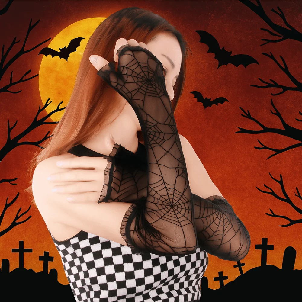 

Fancy Thin Halloween Gloves Lolita Long Spider Web Gloves Hand Cuff Half-Finger Mesh Mitten Women