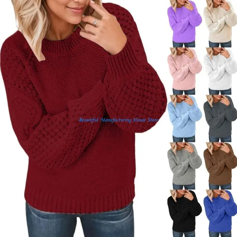 E56A Suéter punto ochos para mujer, manga larga acampanada, ajuste holgado, cuello redondo, ropa informal