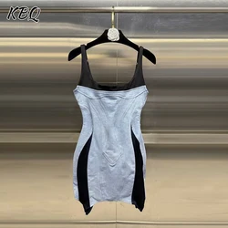KBQ Spliced Zipper Sexy Irregular Denim Dress For Women Square Collar Sleeveless Backless High Waist Slim Dresses Female Style