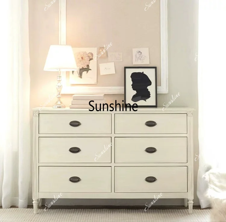 American rural solid wood simple ivory white carved locker