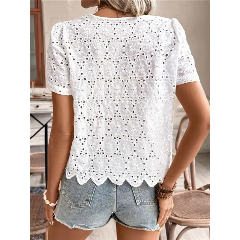Women's Summer Eyelet Tops 2025 Dressy Casual V Neck Flutter Sleeve Hollow Out Lace Embroidered Blouses Shirts-A74P