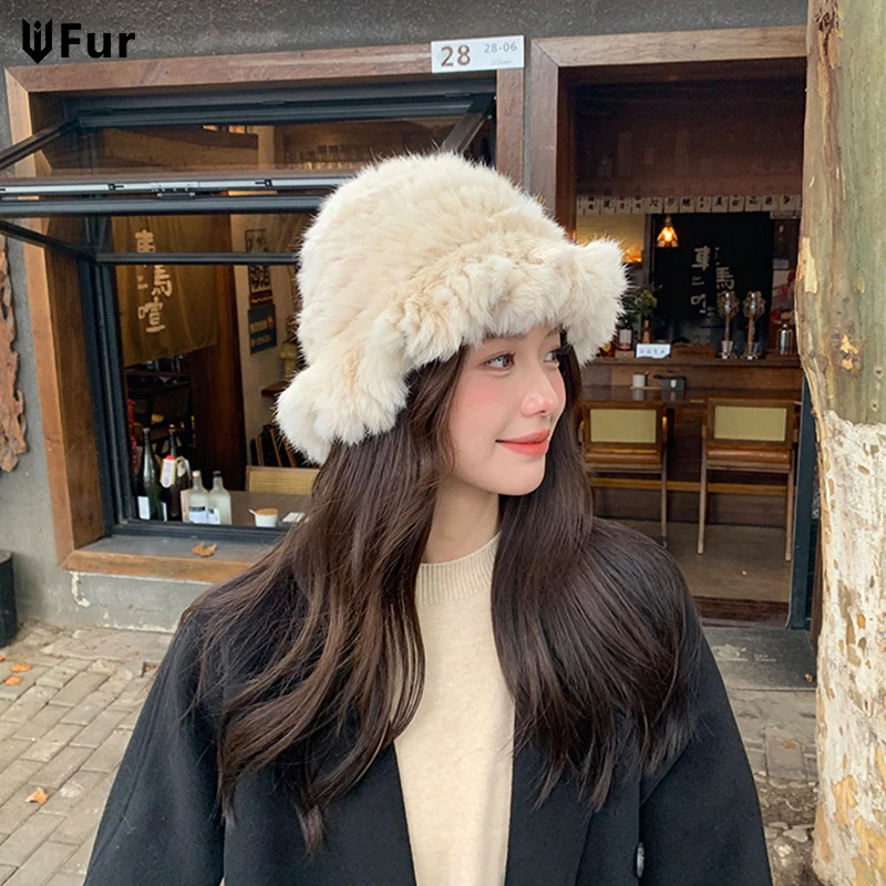 

New Real Rabbit Fur Fisherman's Hat For Women Winter Warm Rabbit Fur Caps Soft Natural Rabbit Fur Hats Female Fashion Fur Cap