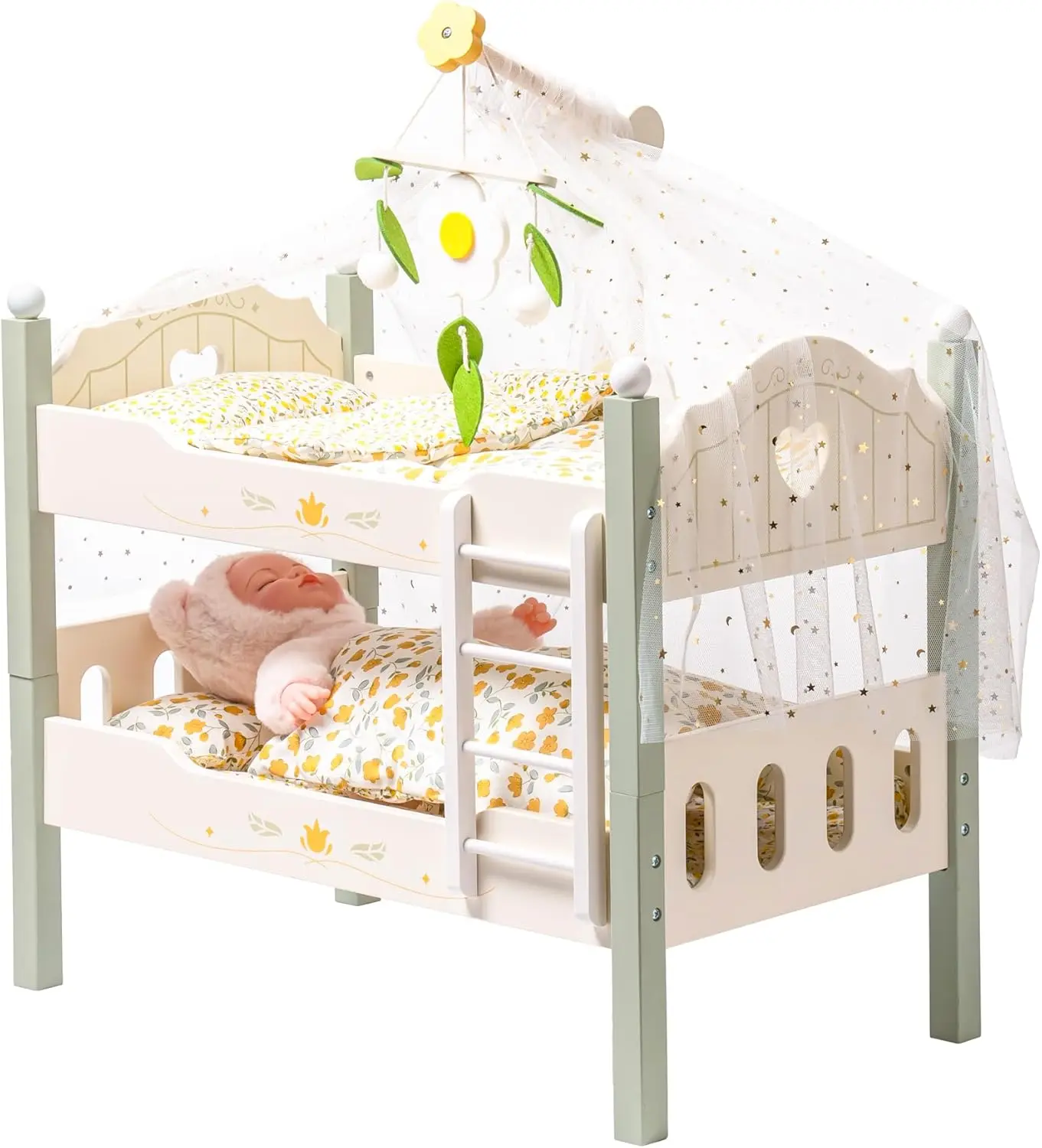 

Baby Doll Bunk Bed, Wooden Doll Crib for 18 Inch Dolls, American Girl Doll Furniture Toy with Bedding (Green, 2 Pcs Beds)