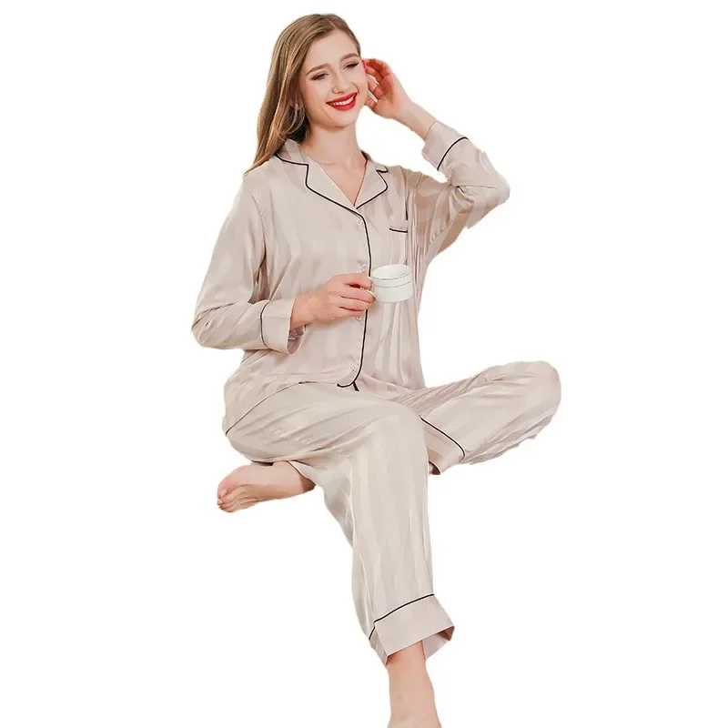 Secret thick striped women\'s pajamas Пижама Silk long sleeved pants and ice silk home clothing two-piece set pijamas sleepwear