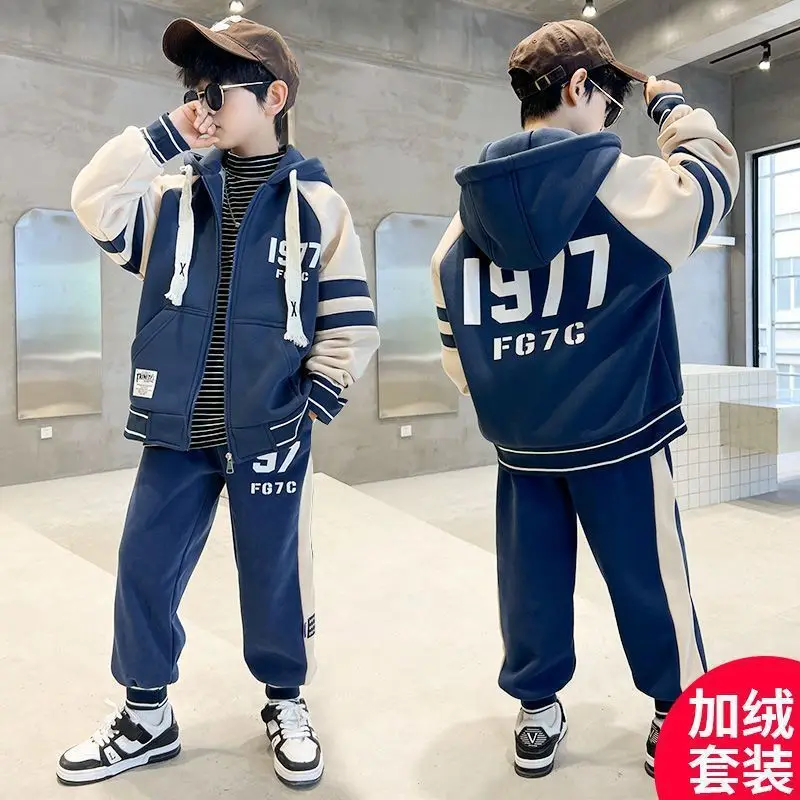Boys' Double-Sided Fleece Winter Suit 2026 Two-Piece Set for Middle And Older Children Autumn Winter Warm Comfortable Clothing