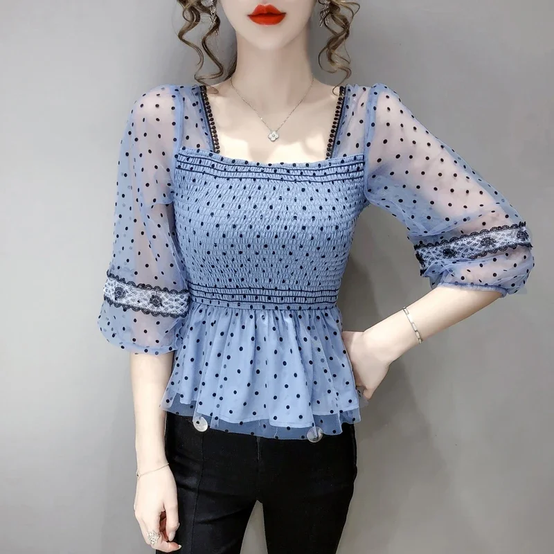 New Fashion Summer Vintage Blouses Women 2024 Sexy Korean Casual Polka Dot Printed Chiffon Blouse Ladies Slim French Corset Top