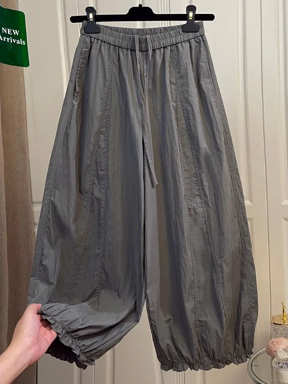 Calças Lanternas Leves de Perna Larga para Mulheres, Casuais de Verão, Calças de Nove Pontos, Estilo Balão, Cintura Alta e El...