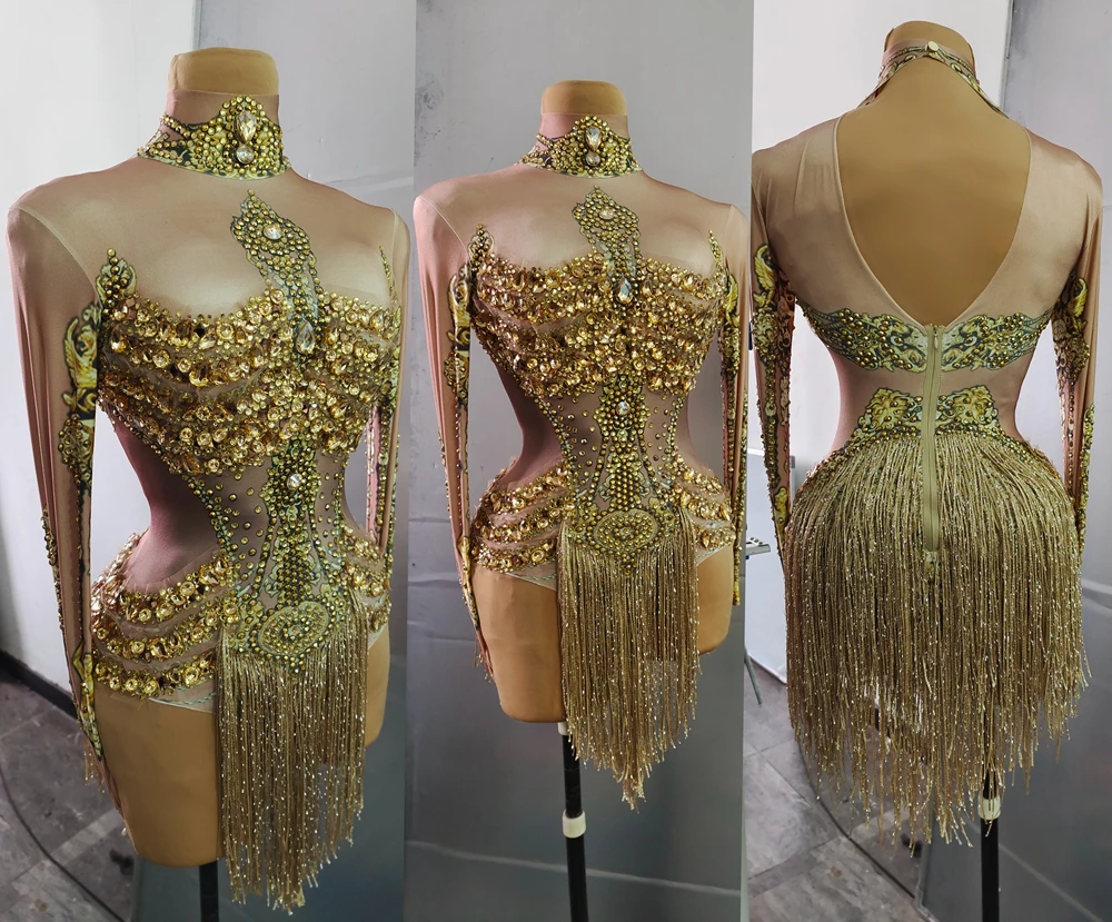 Sexy Romper Tassel Bodysuit Singer Party Show Gold leotard Rhinestones Performance Dance Costume Stage Wear Club Outfit