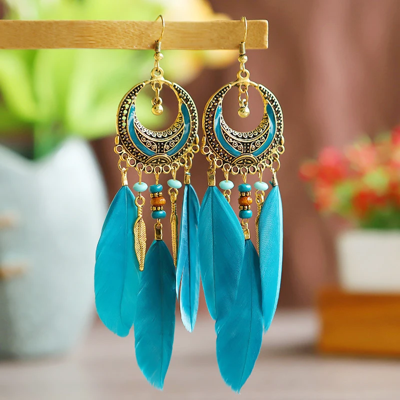 Antique Gold Color Crescent Design Feather Earrings for Women Long Ethnic Elegant Earring Boho Party Vacation Daily Jewelry