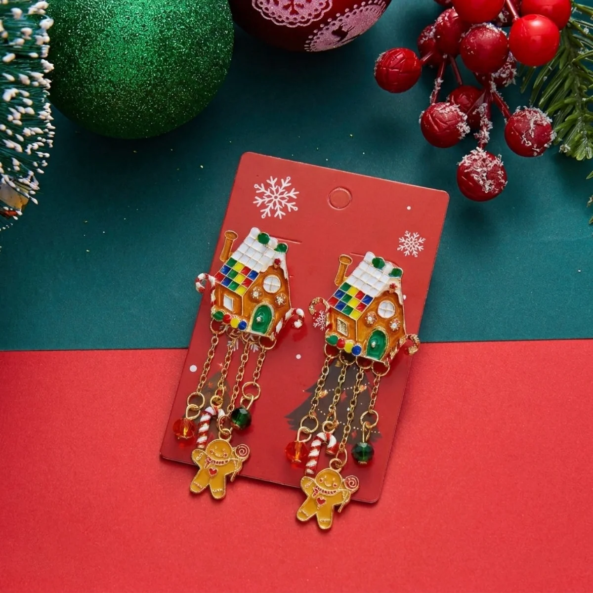 Weihnachtliche Emaille-Ohrringe mit Rentier-Motiv, Schleifen- und Quasten-Design für Damen, Weihnachtsmann-Schlitten, Süßigkeitenhaus, Geschenk-Schmuck – Detail 14