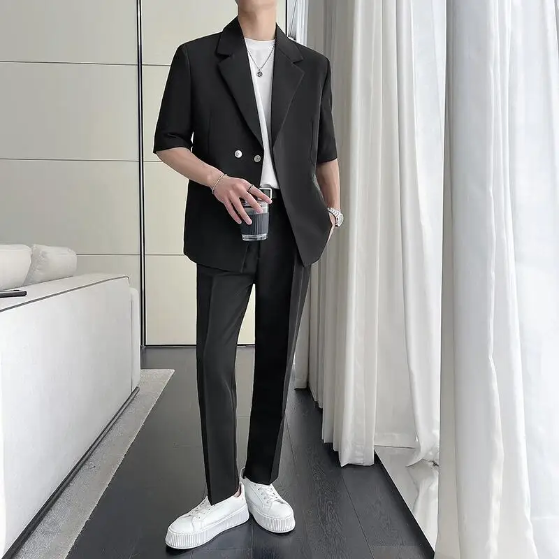 (Jacket+Pant) Summer Men\'s Loose Half Sleeve Suits 2 Piece Fashion Wedding Prom Casual Groom Tuxedo Blazer Suit Set / Gift Belt