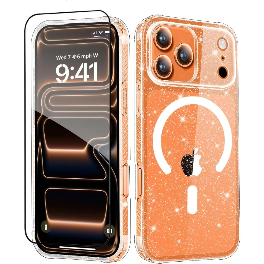 

Compatible with iPhone 17 Pro Case + Screen Protector for 6.3 Inch Smartphone Anti-Yellowing Clear Glitter Design