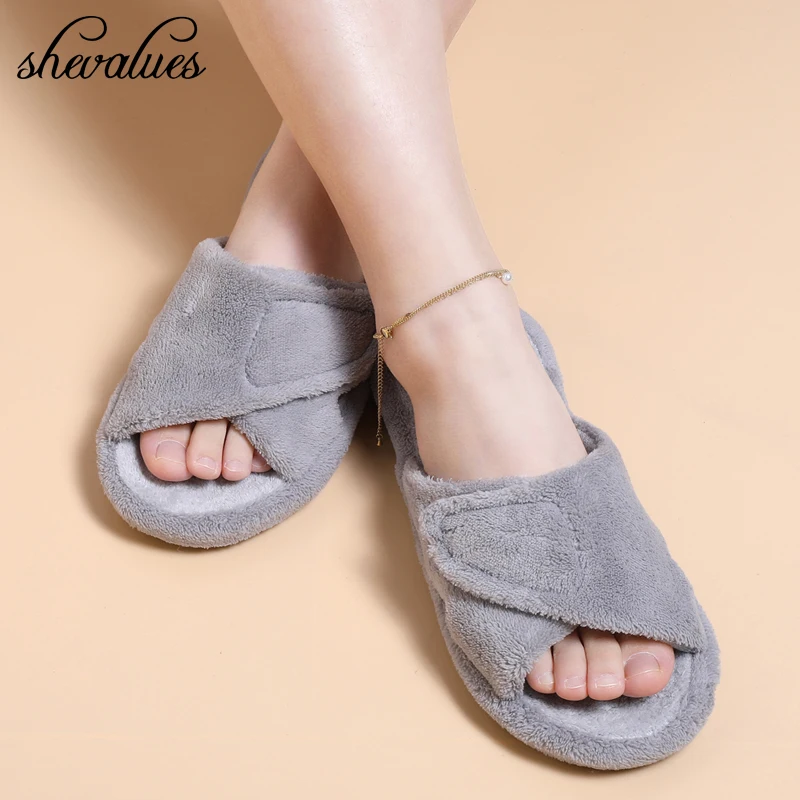 Shevalues-Zapatillas de casa peludas para mujer, pantuflas de algodón con soporte de arco para interiores, zapatillas planas de Punta abierta para