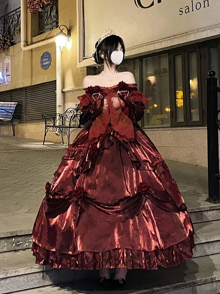 Short Sleeve Lolita Dress Fairy Long Dress Elegant  Heavy Industry Fluffy Princess Dress High Waist Red Vintage Dresses - Image 4