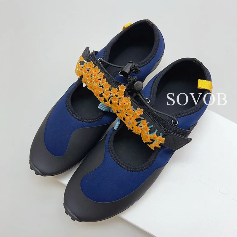 Spring Autumn Crystal Flower Decorative Ballet Shoes Women Color Blocked Breathable Shallow Mouth Flat Bottom Mary Jane Shoe