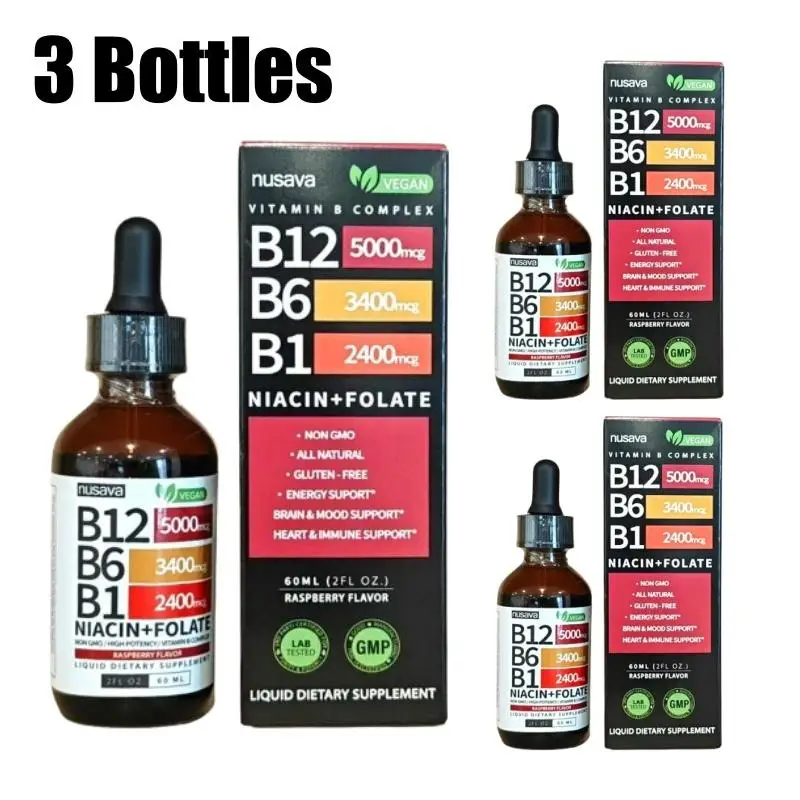 3 Flaschen Vitamin B12 Liquid Drops steigert das Immunsystem, unterstützt die Gesundheit des Nervensystems, verbessert den Gedächtnisfokus und die Stimmung