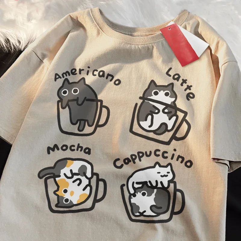 Trendiges Katzen-Kaffee-Motiv Baumwoll-Sommer-Lose-Kurzarm-T-Shirt für Männer und Frauen, Mocha Latte Katze Drei Blumen Lustige Katzen-T-Shirts – Detail 5