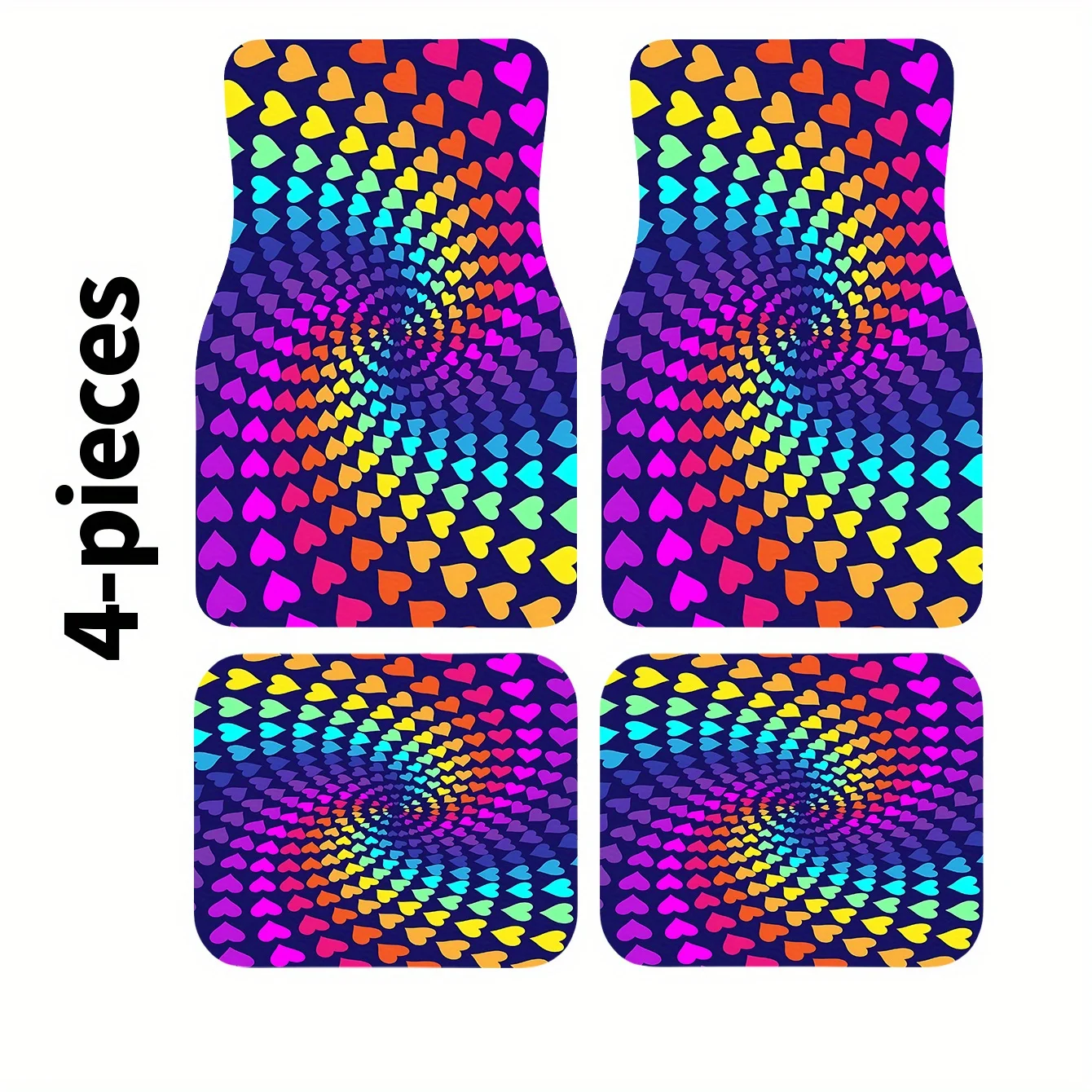 A Set Of Four Colorful Heart-Shaped Spiral Patterned Car Mats, Including Front And Rear Carpets, Interior Additions For Vehicles